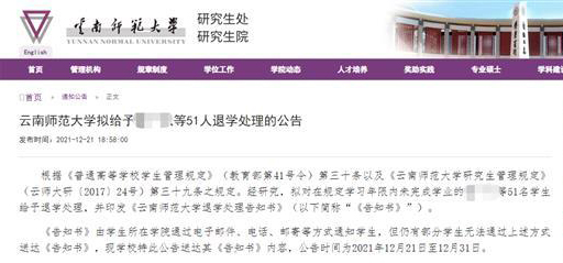 云南师范大学拟给予年限内未完成学业的51名研究生退学处理