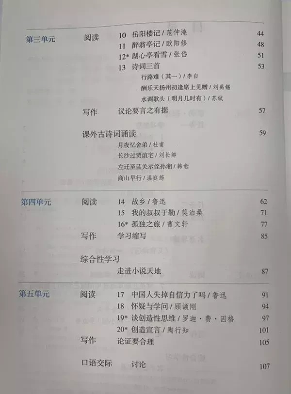 初中语文课本目录表（初中语文课文有哪些）