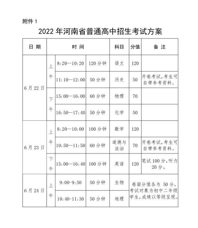 河南中招考试时间调整（6月22至24考试总分不变）